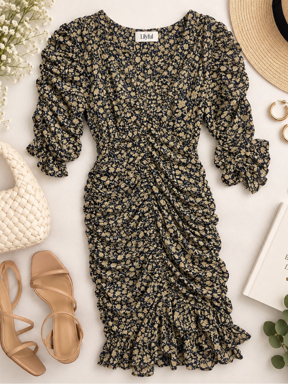 Lilyful Floral Ruched Mini Dress – Size Small